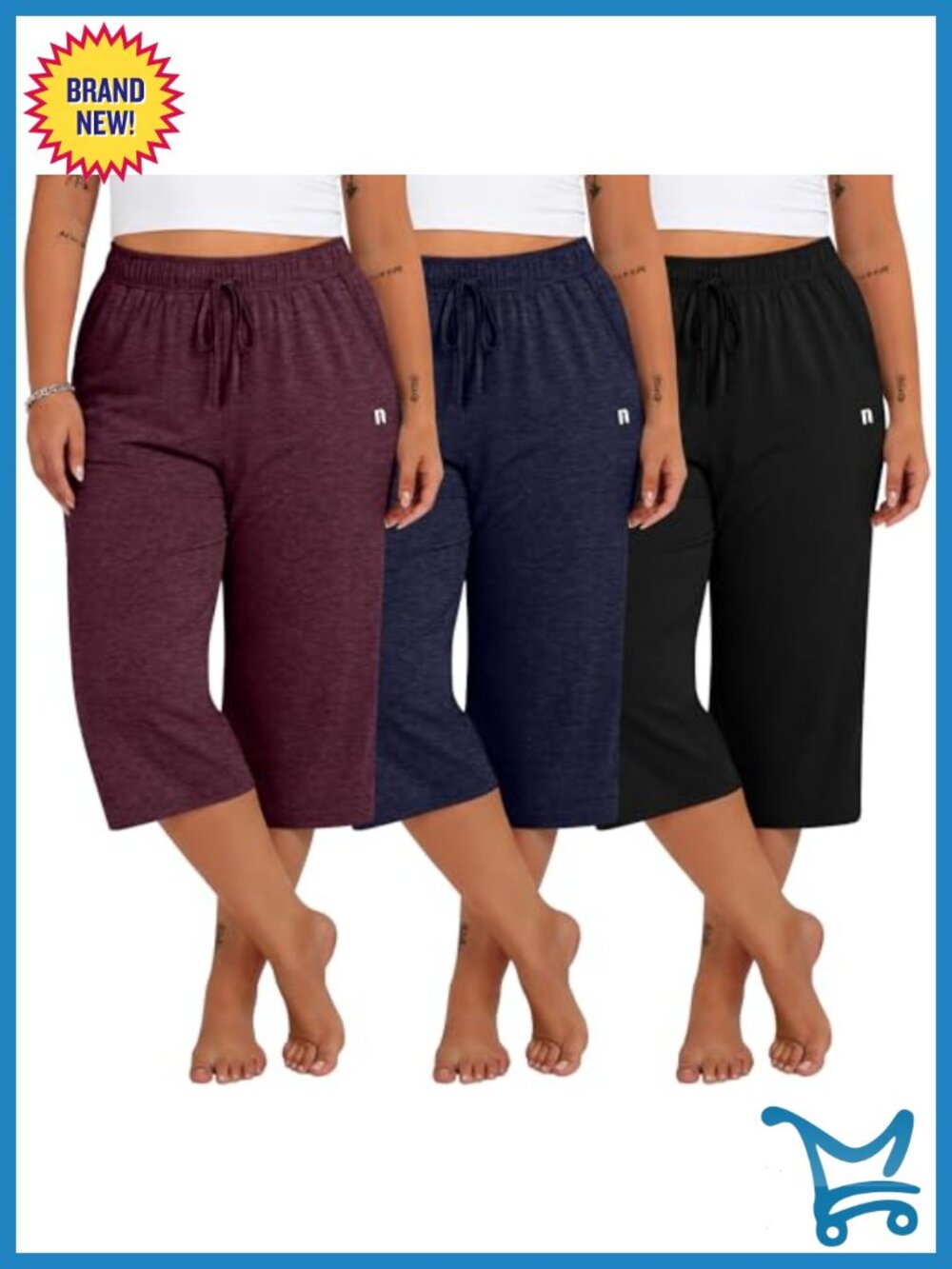 Plus Size Capri Sweatpants 3 Pack Pockets Drawstring Lounge